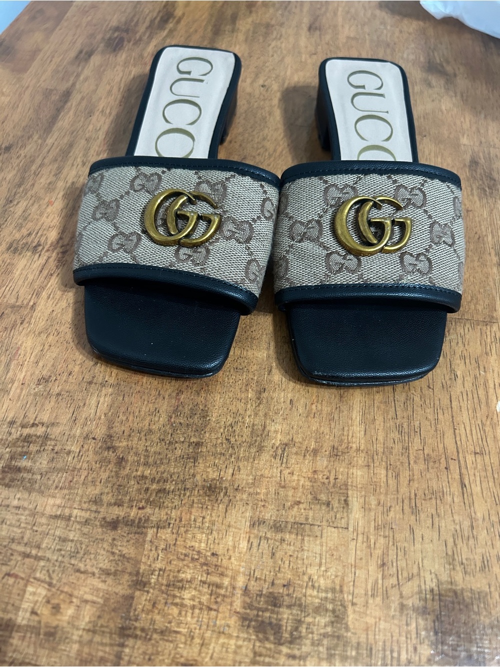 Gucci Beige GG Canvas Leather-Trim Slide Sandals